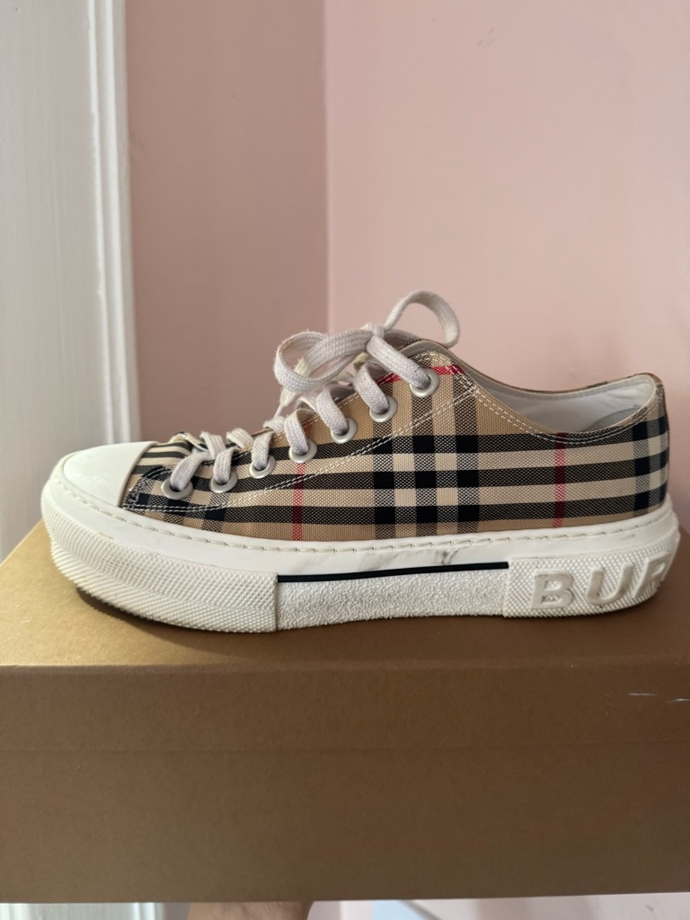 Burberry Beige Plaid Low-Top Sneaker with White Sole